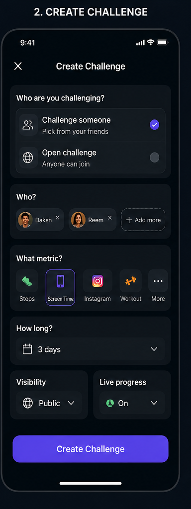 Create challenge screen: opponents, metric, duration, visibility, and live progress.