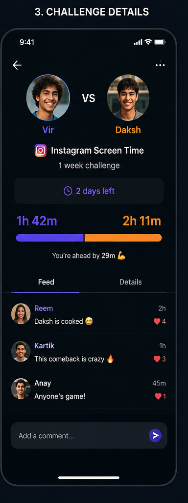 Challenge details screen with live head-to-head progress bar and reaction feed.
