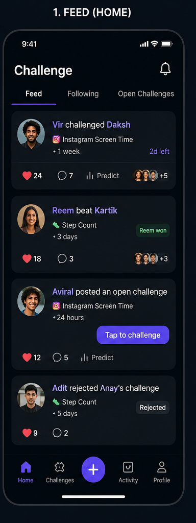 Feed screen showing head-to-head challenges, predictions, and reactions between friends.