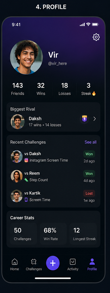 Profile screen with wins, losses, streaks, biggest rival, and career stats.